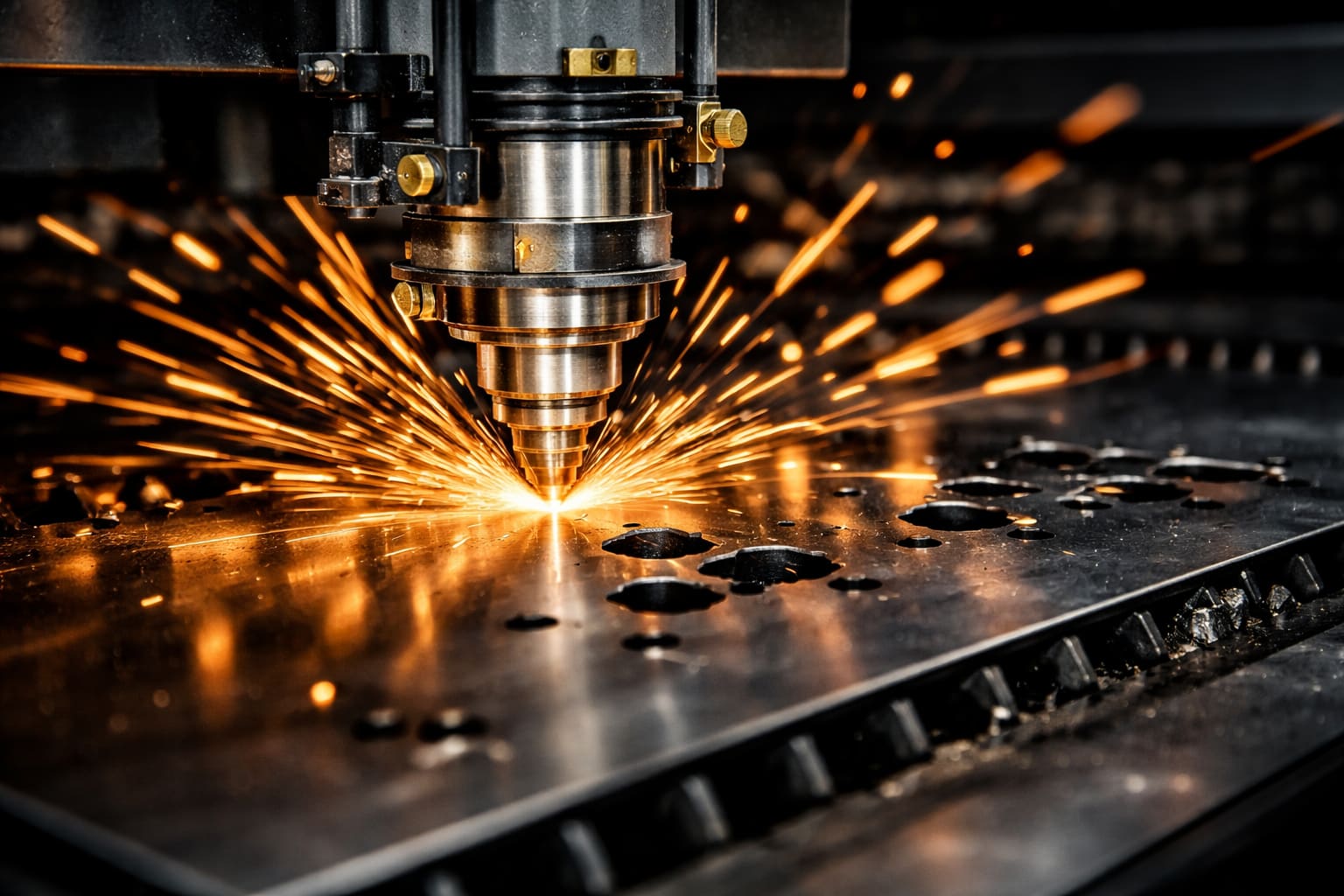 CNC laser řeže plech – jiskry při laserovém pálení kovu v provozu Laser Chlumec